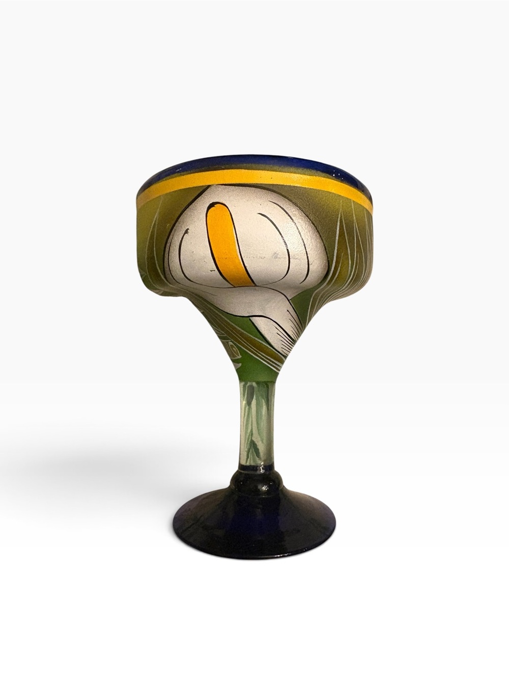 Margarita Glass Yellow Mexican Painted Cala Lily Hand-Blown Art Glass 10oz